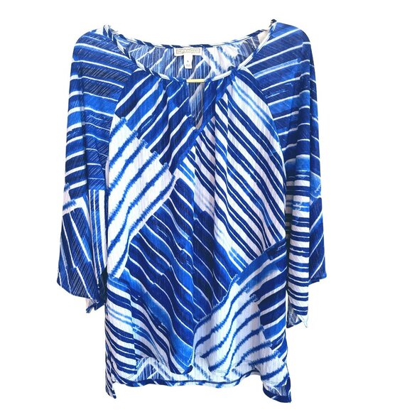 Dana Buchman Tops - Dana Buchman Boho Blue Patch Large Womens Blouse Bell Sleeve